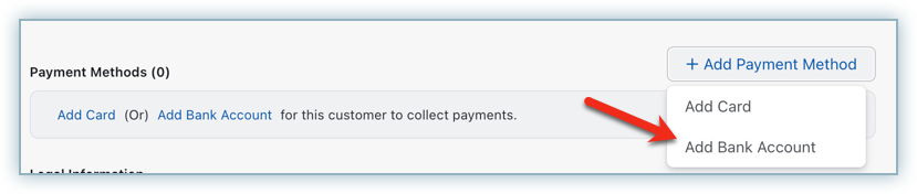 Payment Method section of the customer details page with the Add Bank Account button
