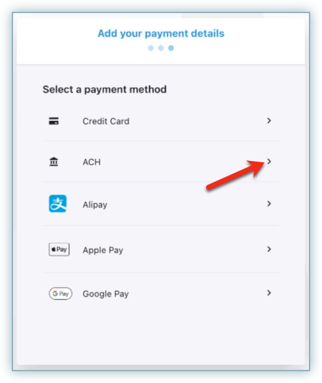 Add your payment details page with ACH listed as a payment method