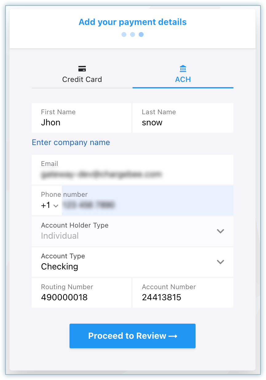 ACH bank account details form during checkout