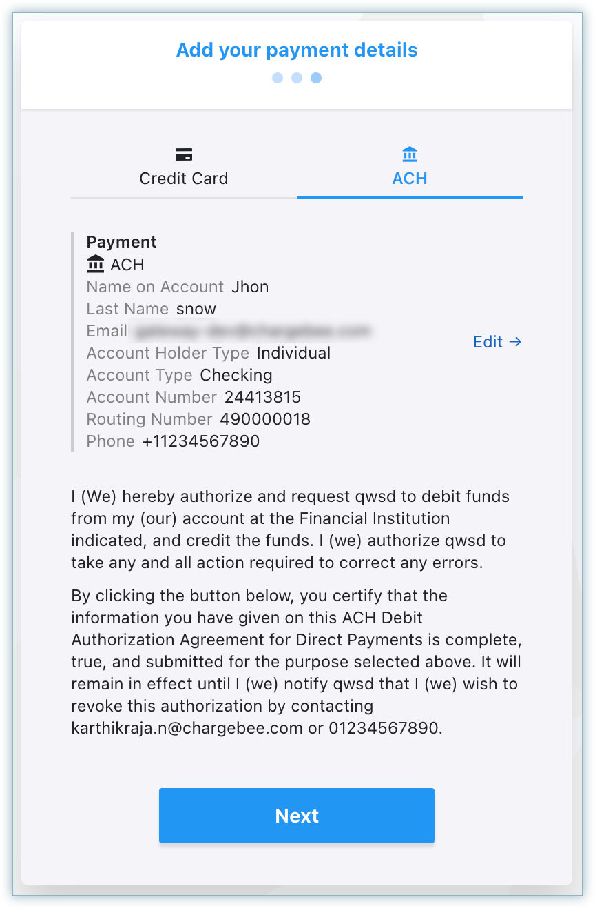 ACH payment details review page with the authorization agreement