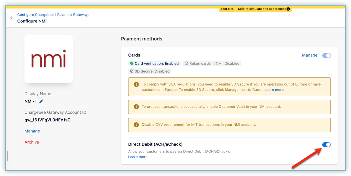 NMI settings with the Direct Debit (ACH/eCheck) option turned on