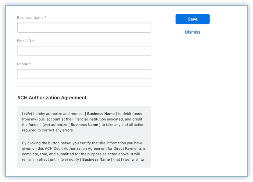 ACH authorization agreement fields for company name, email, and phone