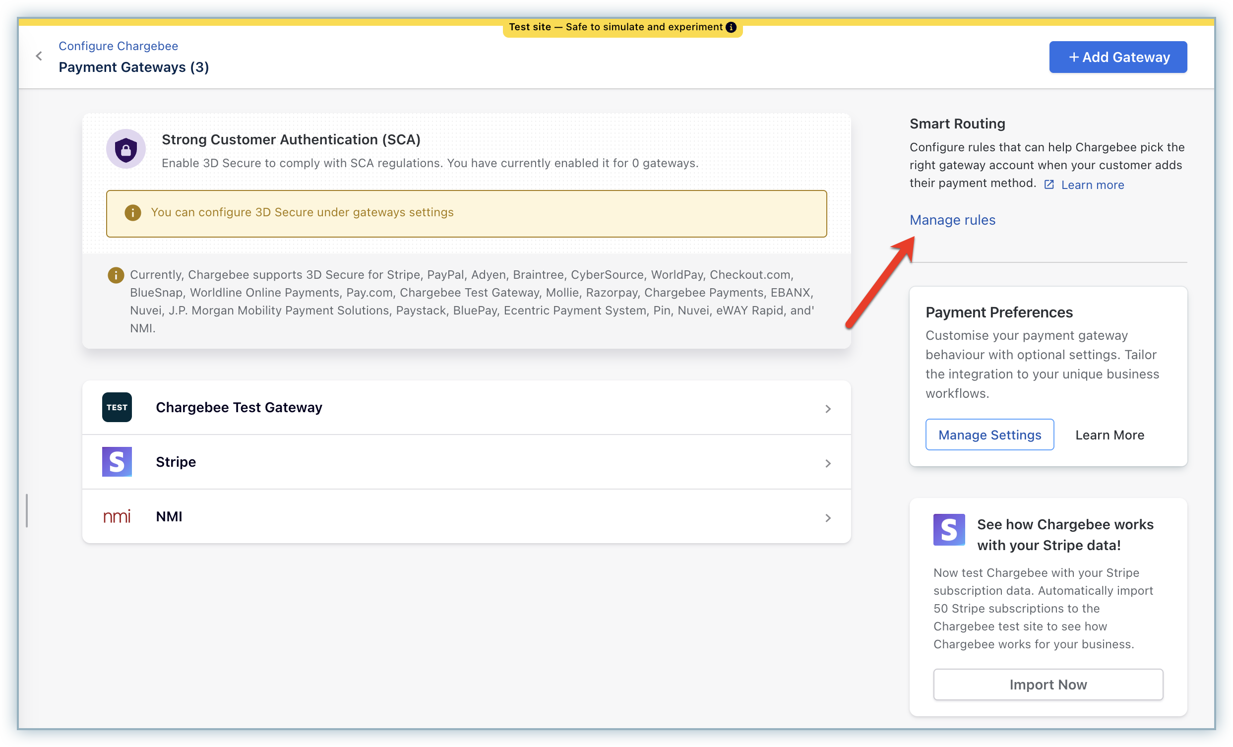 Payment Gateways page with the Manage Rules option under Smart Routing