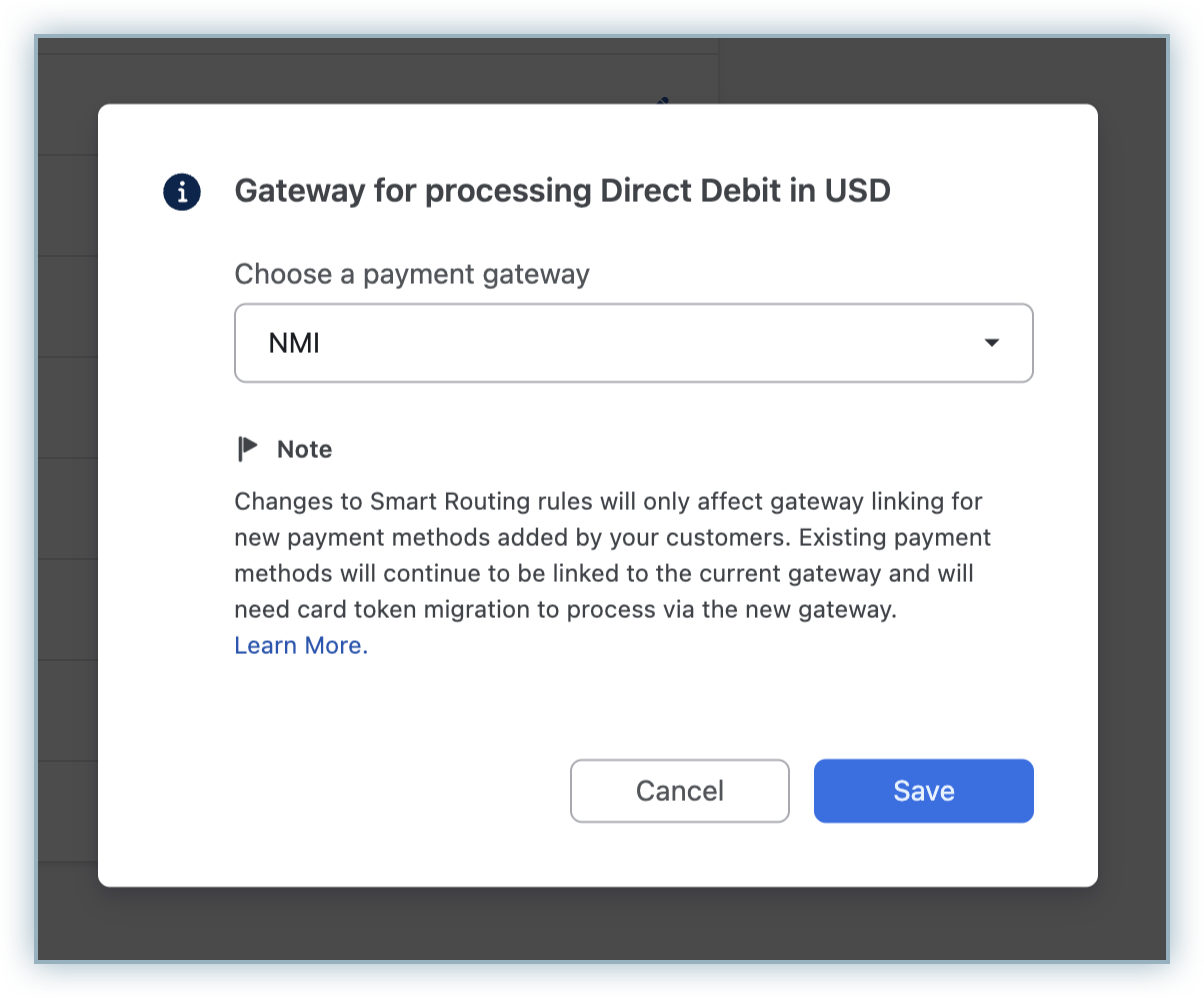 Choose a payment gateway dropdown with the NMI ACH instance selected