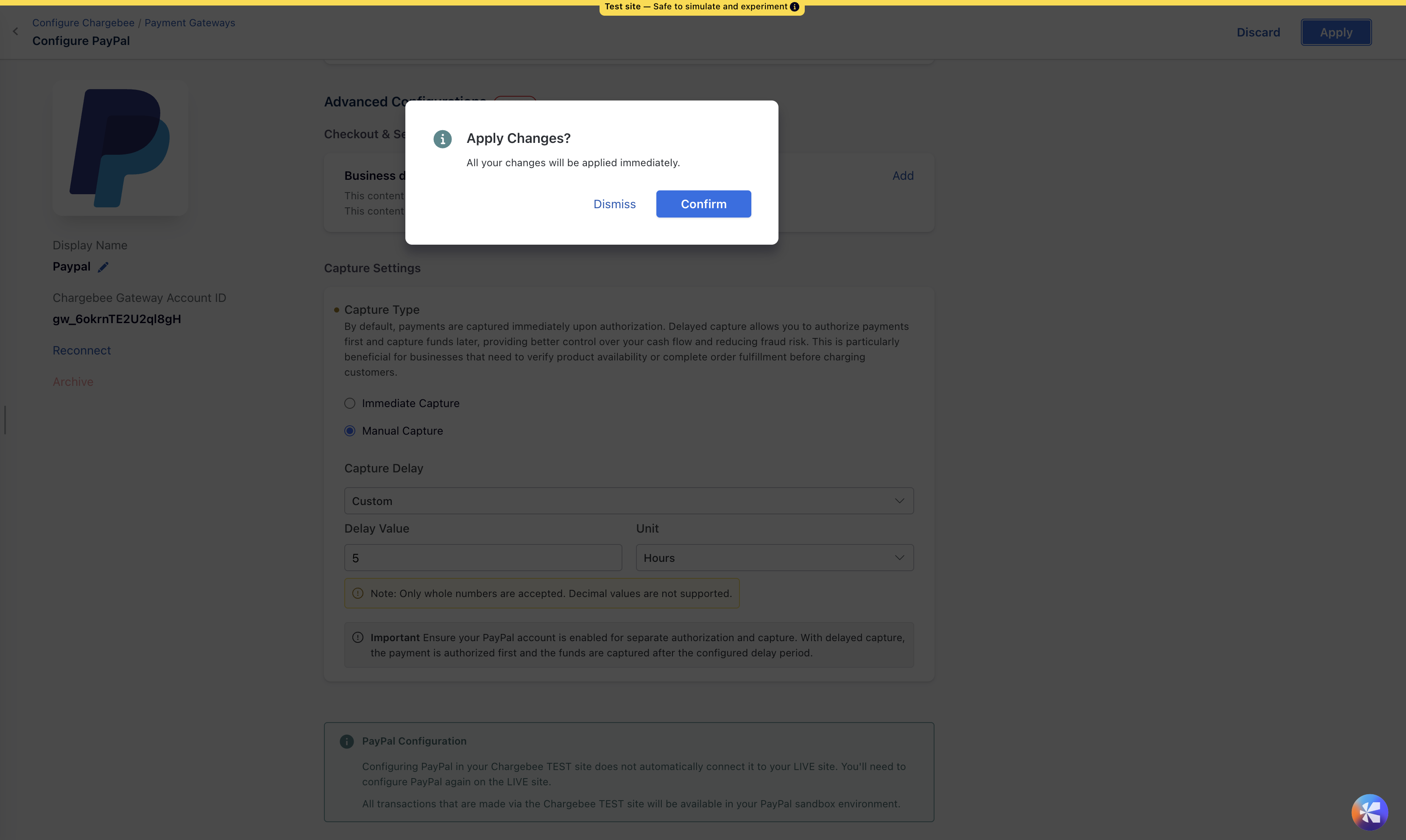 Apply Changes confirmation dialog for the capture settings
