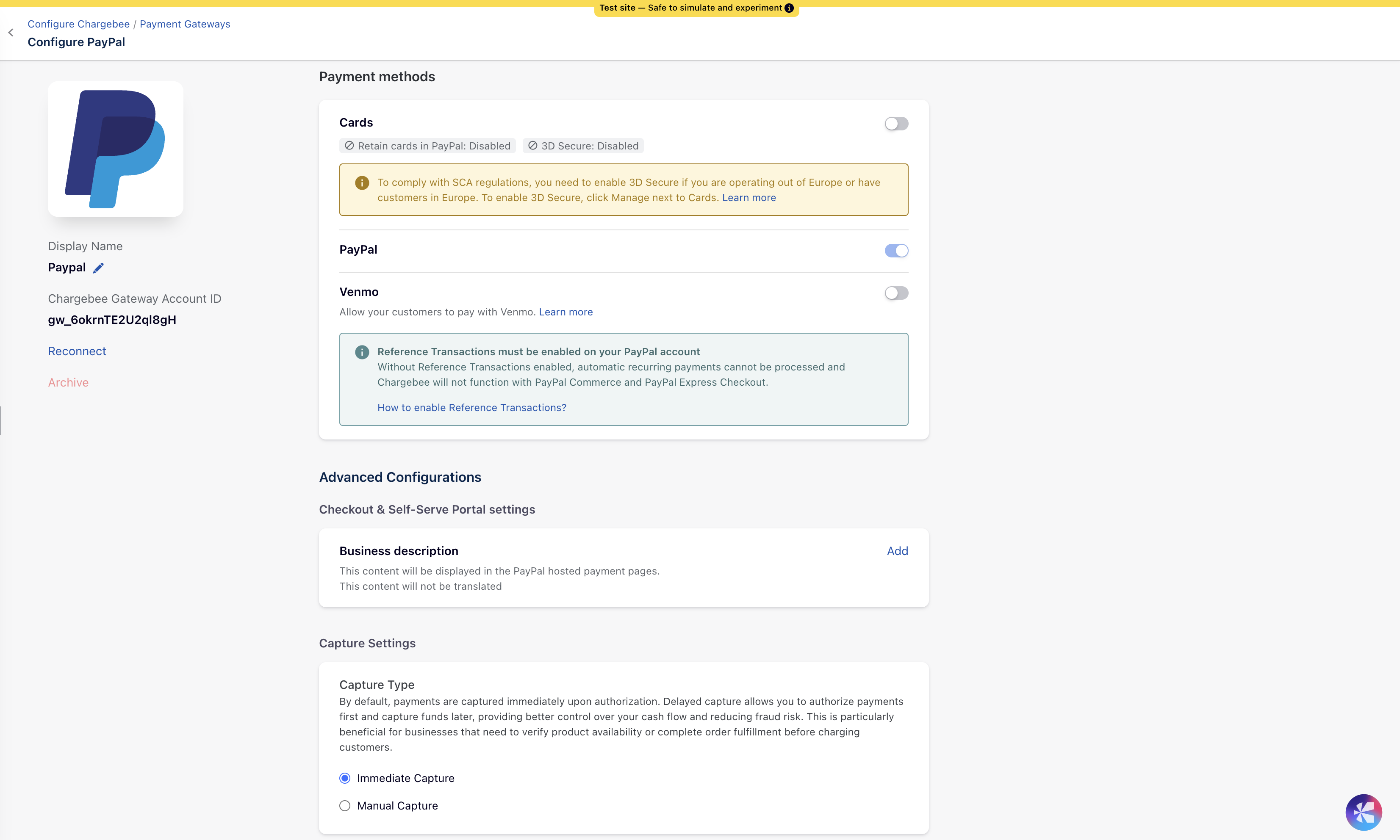 Capture Settings section on the Configure PayPal page in Chargebee