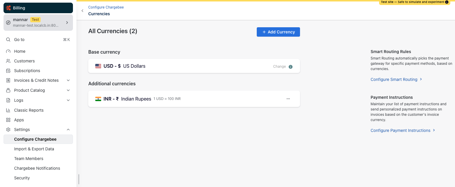 Review currency settings in Chargebee