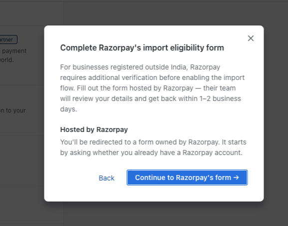 Complete Razorpay import eligibility form in Chargebee