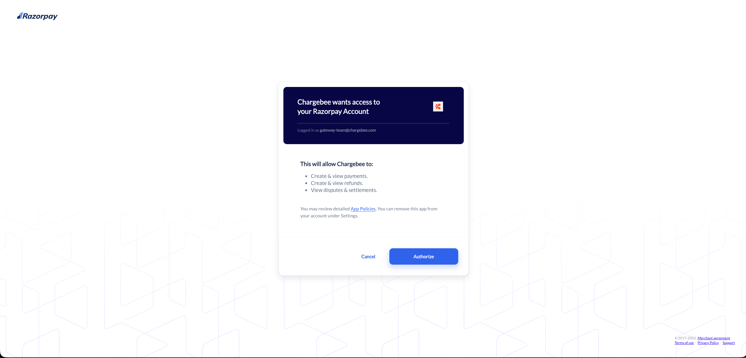 Authorize Chargebee on an existing Razorpay account
