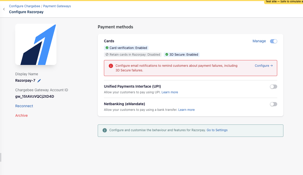 Reconnect Razorpay gateway in Chargebee