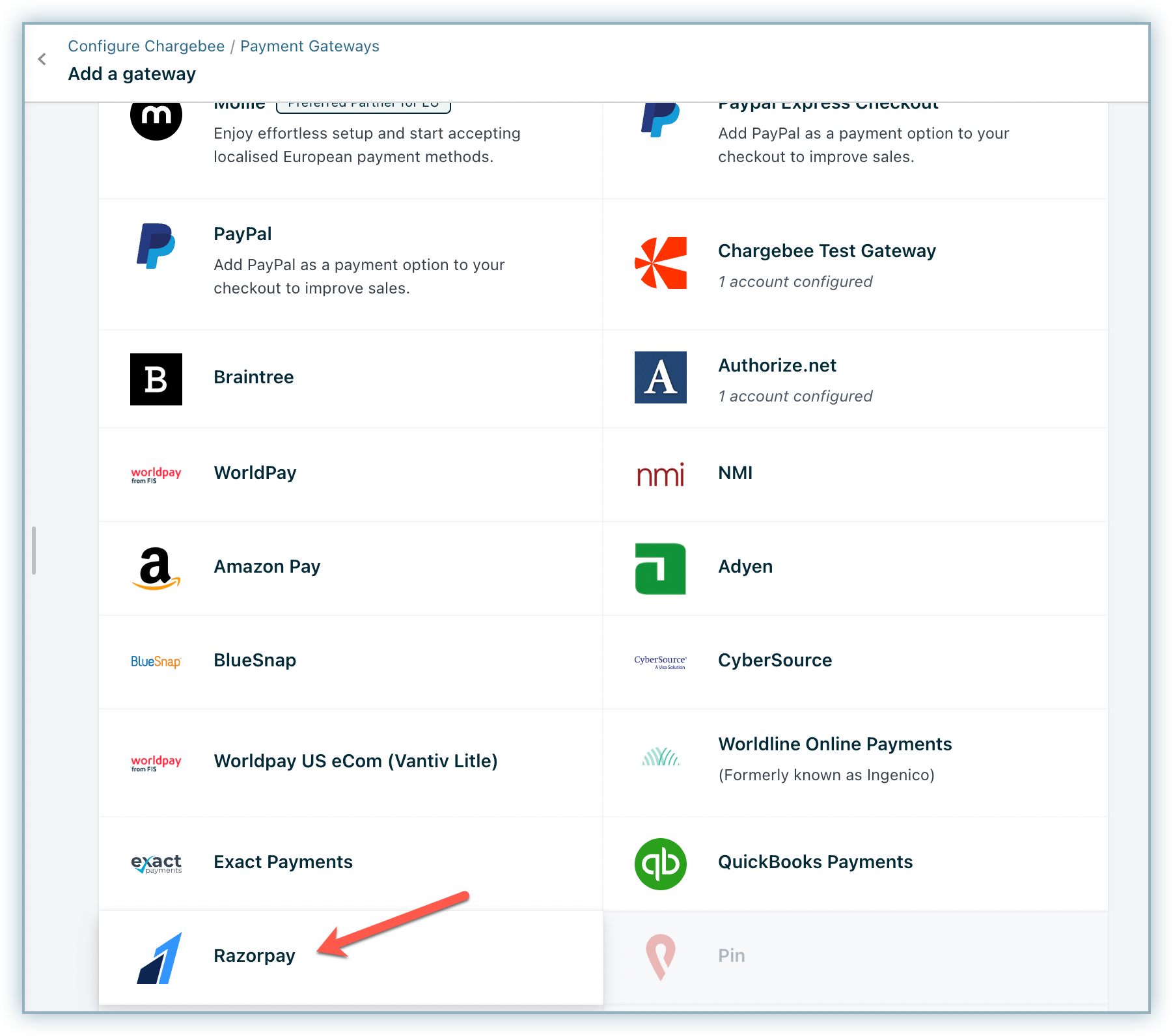 Select Razorpay payment gateway in Chargebee