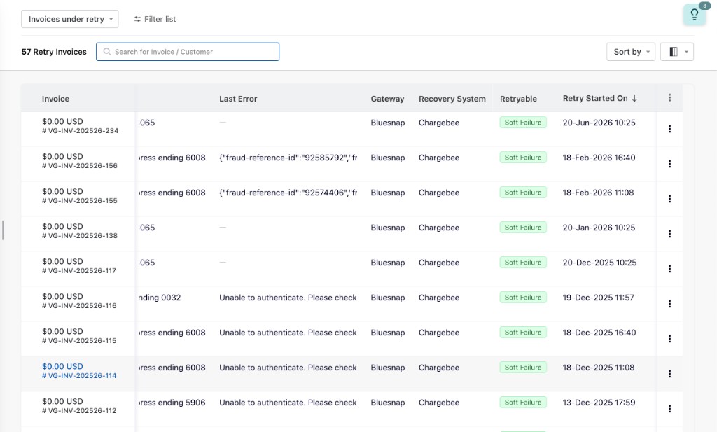 Gateway, Recovery System, Retryable, and Retry Started On columns on the Retries index page