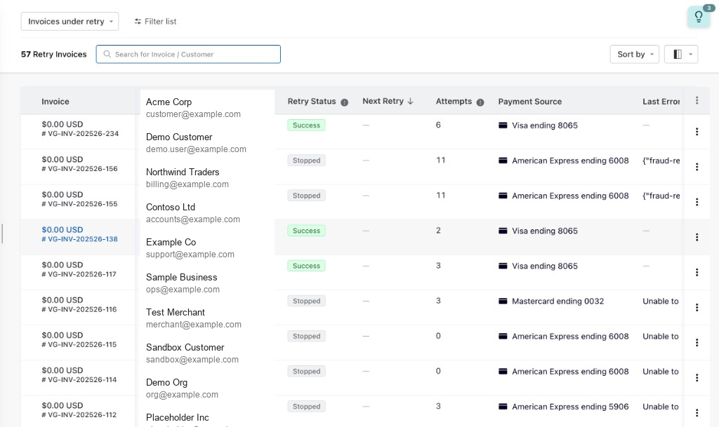 Retries index page listing invoices under retry