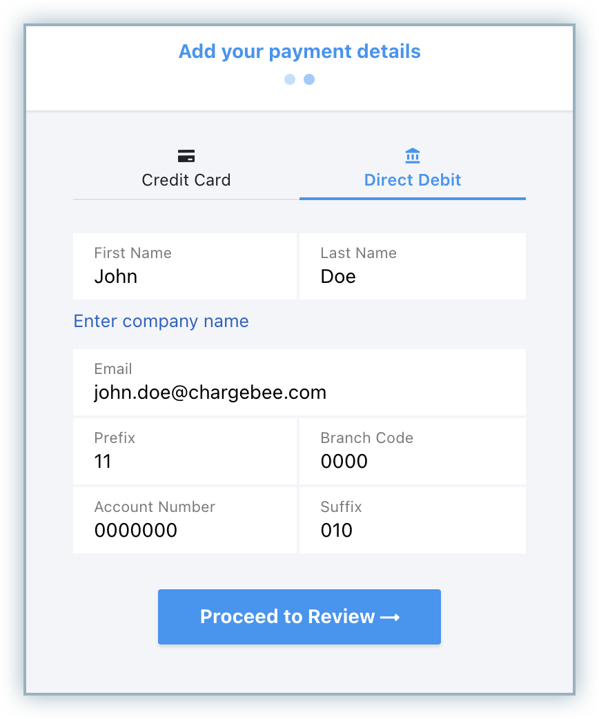 Add your payment details page with Direct Debit selected as the payment method