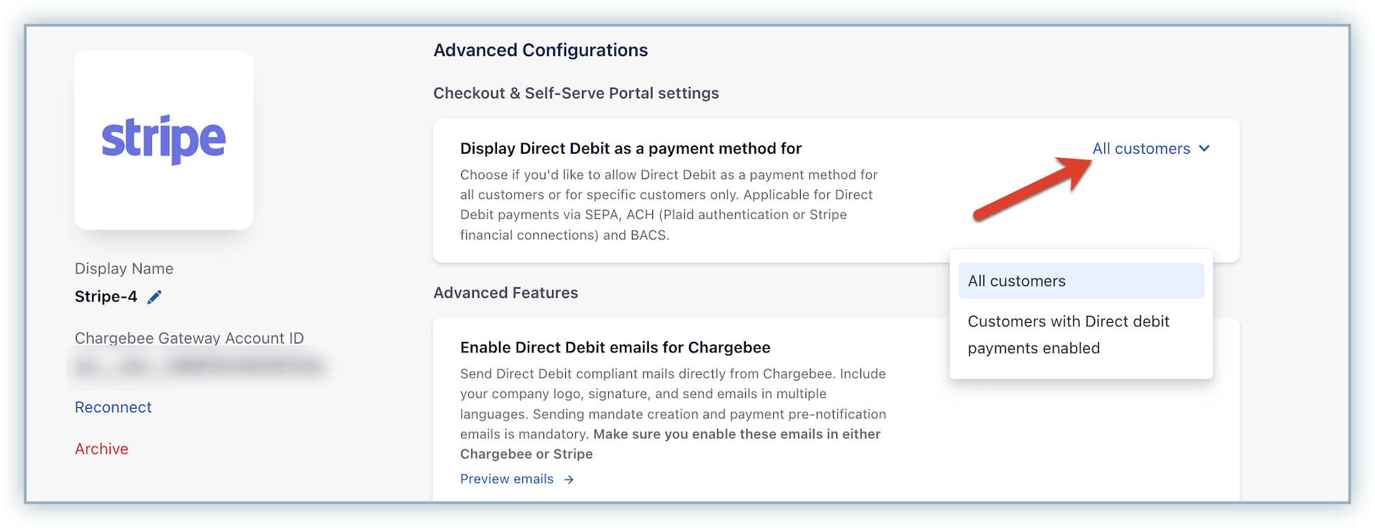 Display Direct Debit as a payment method setting with the All customers option selected