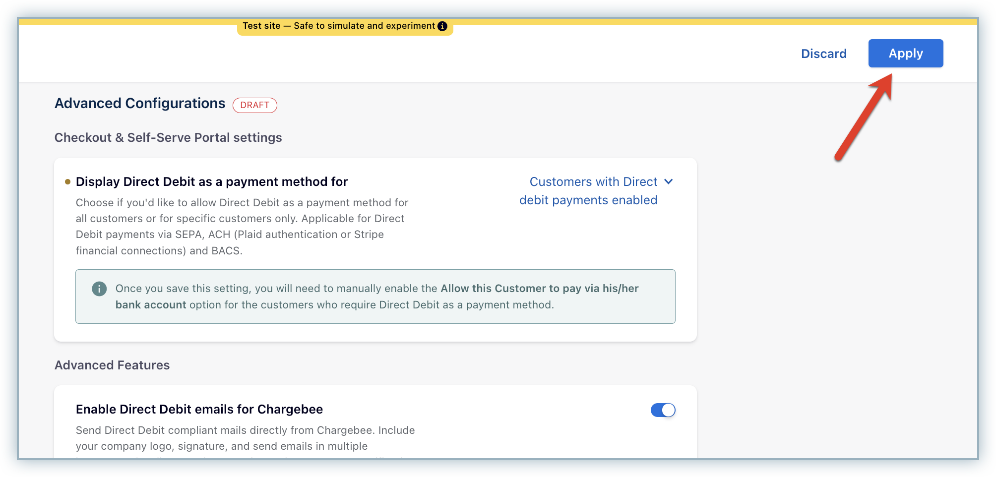 Apply button for saving the Direct Debit display setting