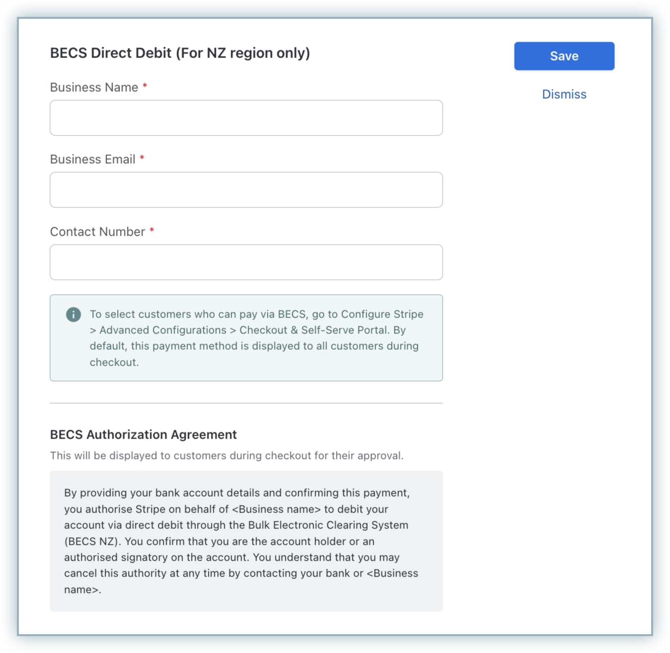 BECS NZ Configuration page with business name, business email, and contact number fields
