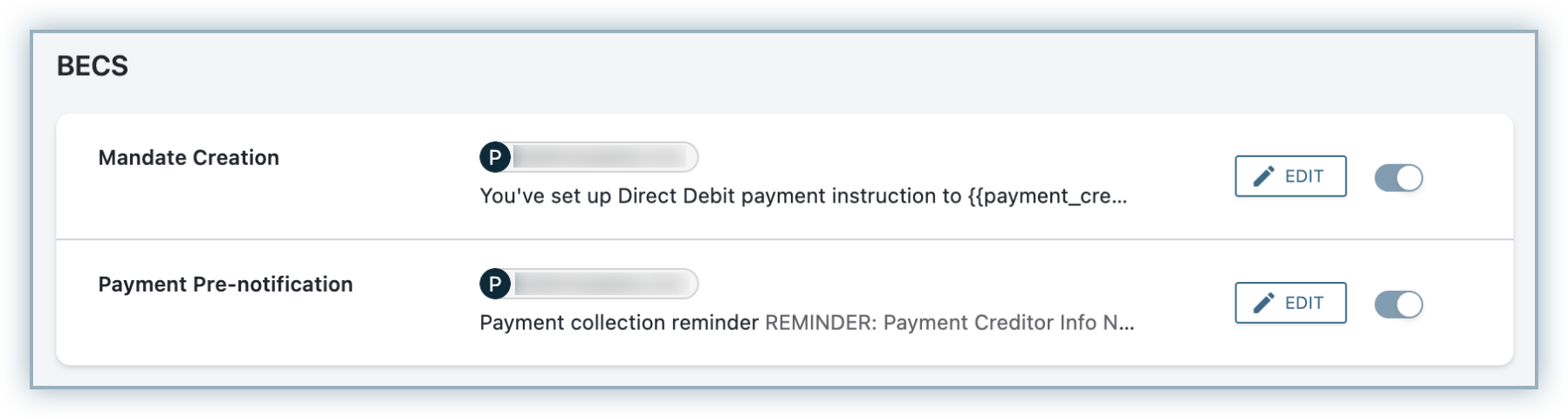 Payments and credits email notifications showing mandate creation and pre-notification templates