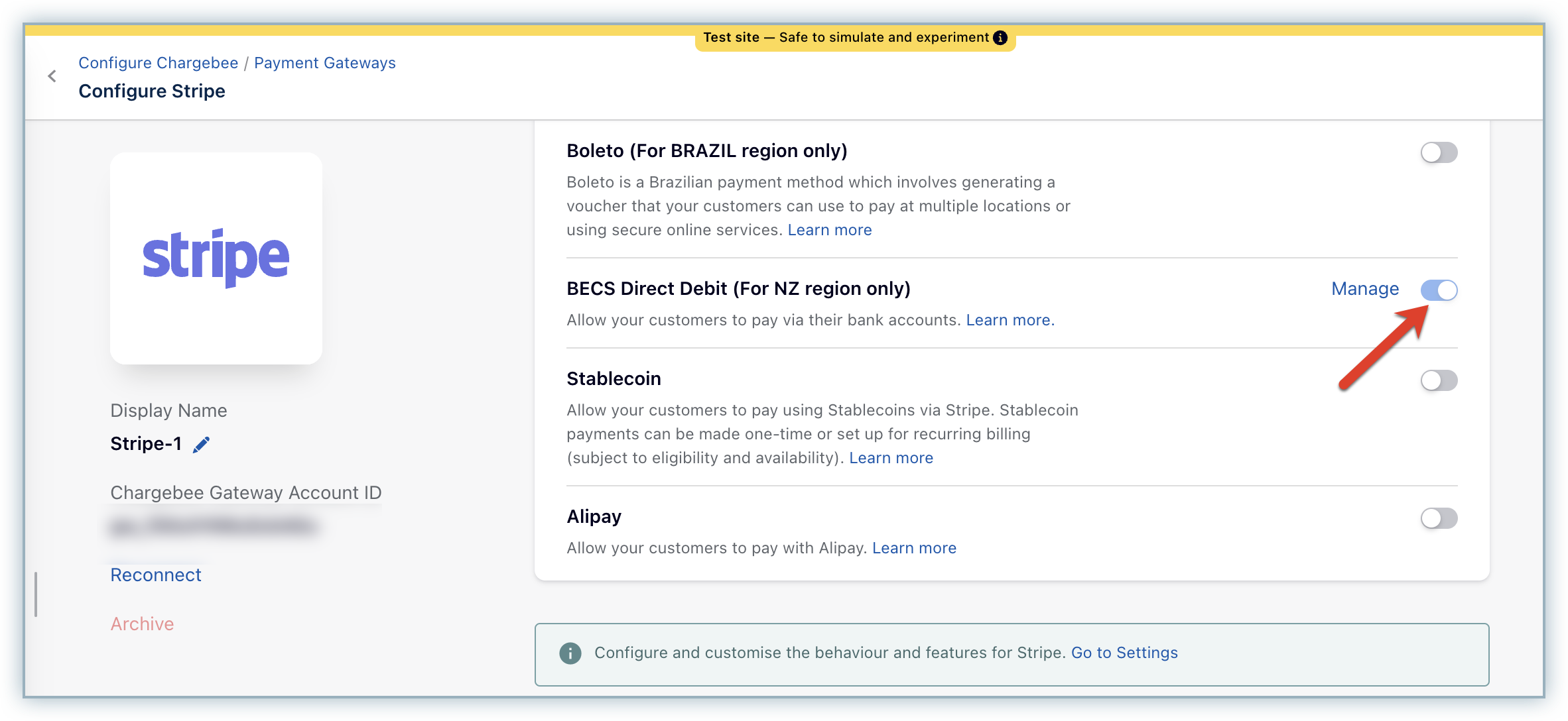BECS Direct Debit for NZ region toggle in the Stripe gateway settings