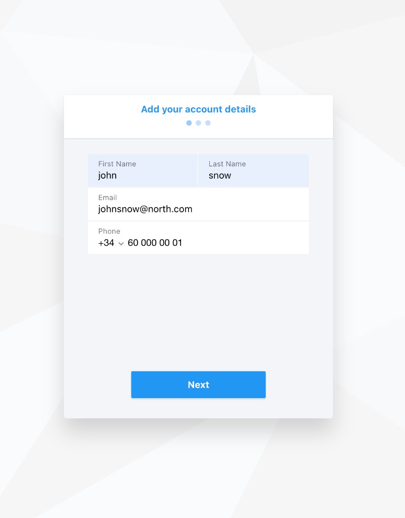 Add your account details page with the mandatory phone number field