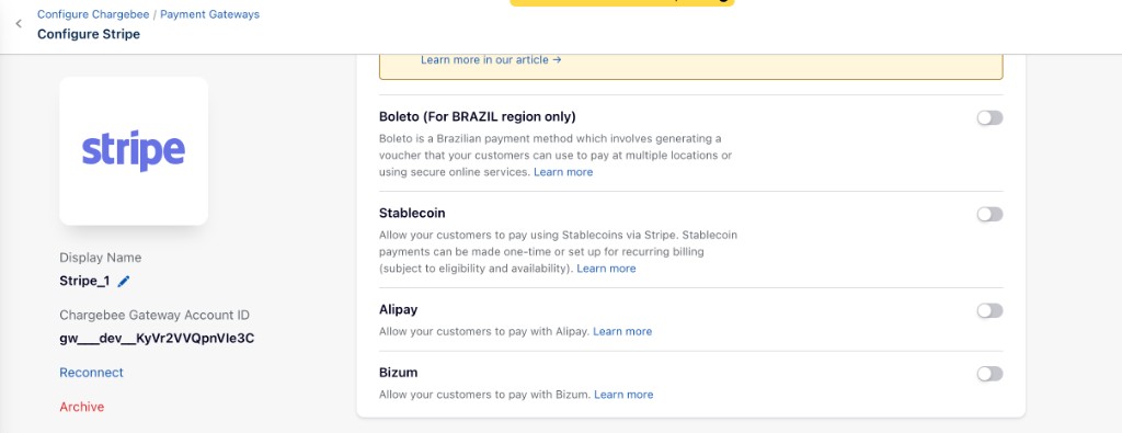 Configure Stripe page with the Bizum payment method enabled