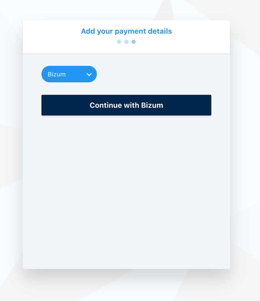 Add your payment details page with Bizum selected as the payment method