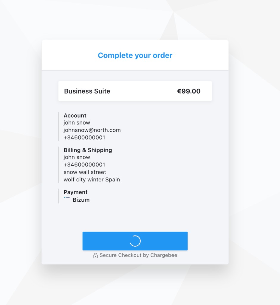 Complete your order page while the Bizum payment is being processed