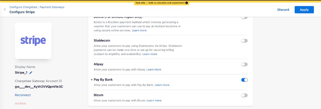 Configure Stripe page with the Apply button to save Pay by Bank settings
