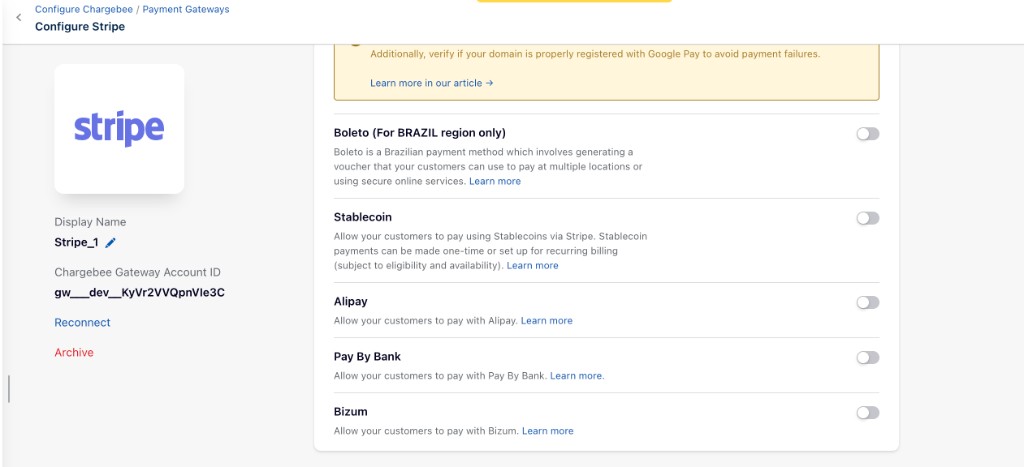 Configure Stripe page with the Pay by Bank payment method enabled