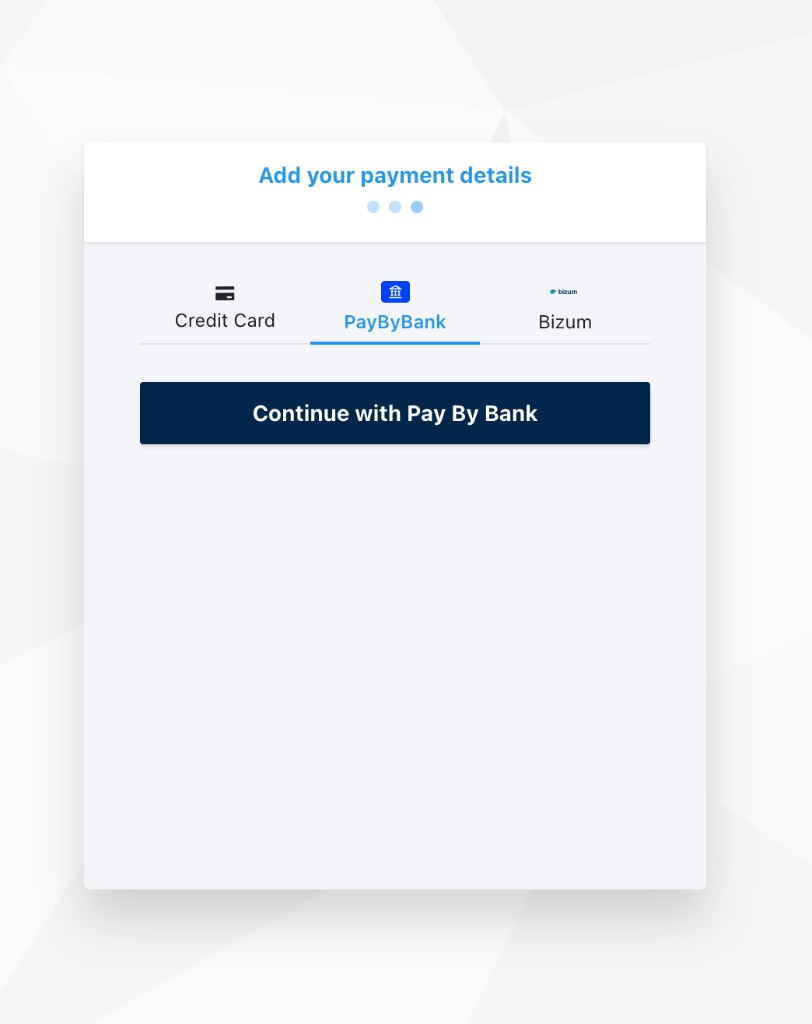 Add your payment details page with Pay by Bank selected as the payment method