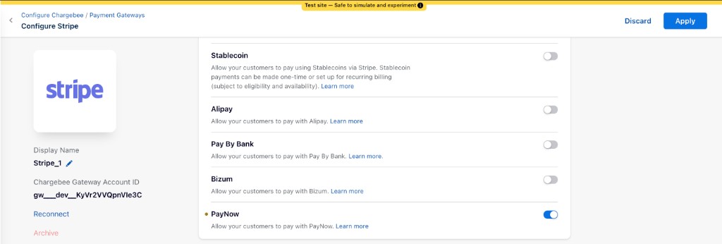 Configure Stripe page with the Apply button to save PayNow settings