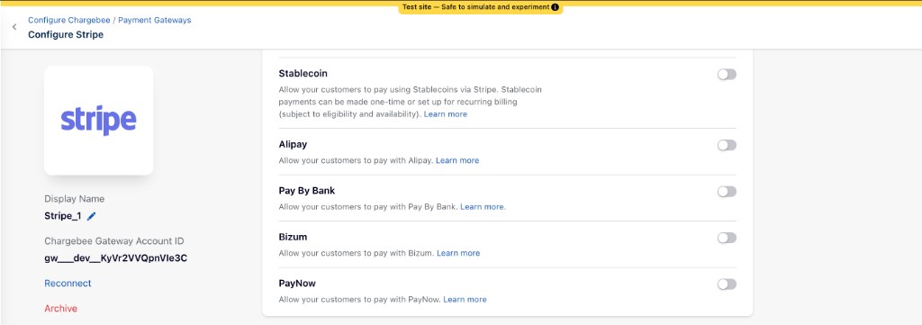 Configure Stripe page with the PayNow payment method enabled