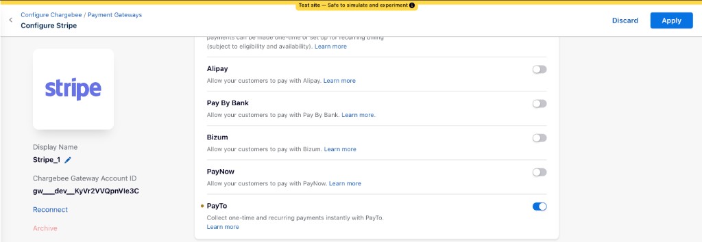 Configure Stripe page with the Apply button to save PayTo settings