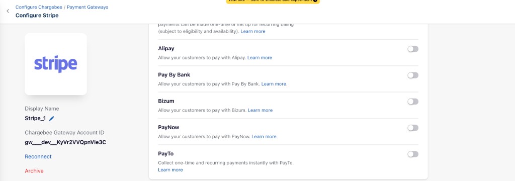 Configure Stripe page with the PayTo payment method enabled