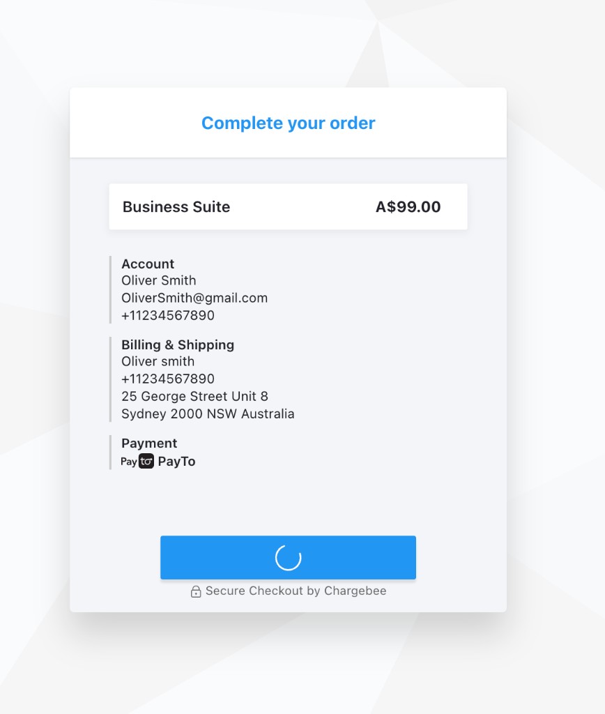 Complete your order page while the PayTo payment is being processed