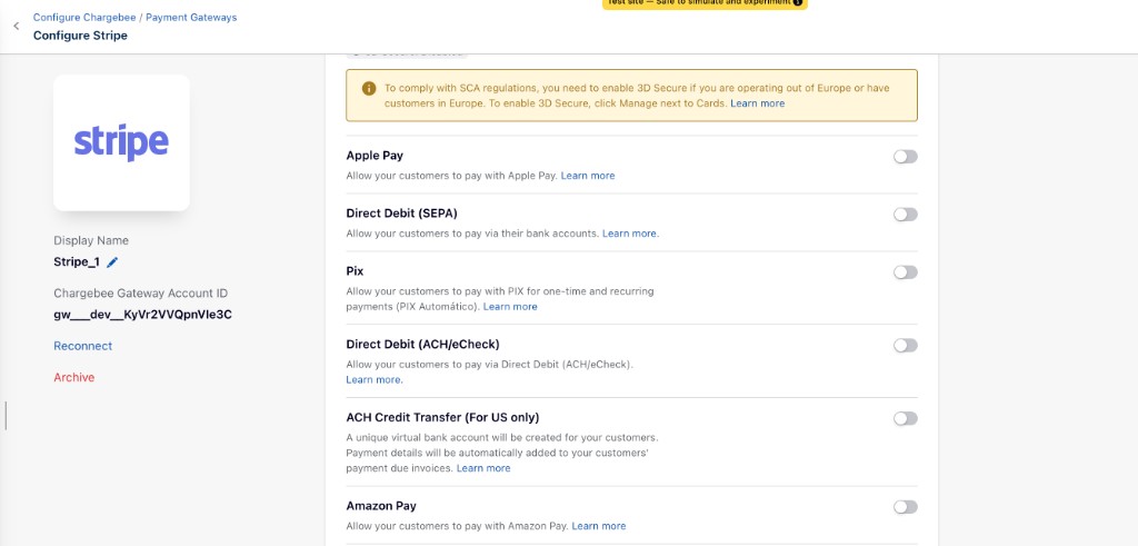 Configure Stripe page with the Pix payment method enabled