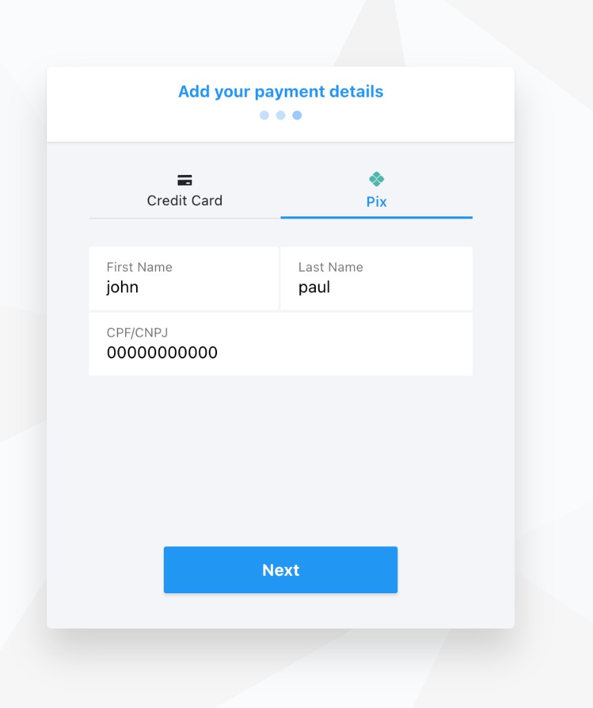 Add your payment details page with Pix selected and the mandatory CPF/CNPJ field