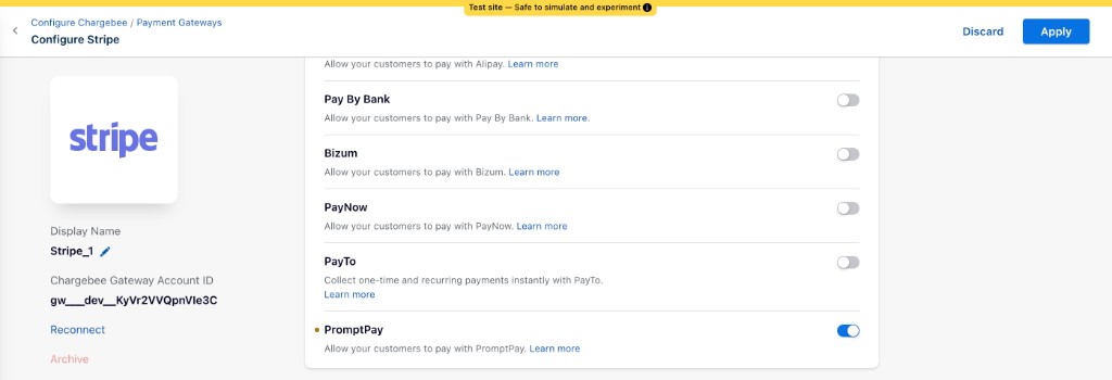 Configure Stripe page with the Apply button to save PromptPay settings