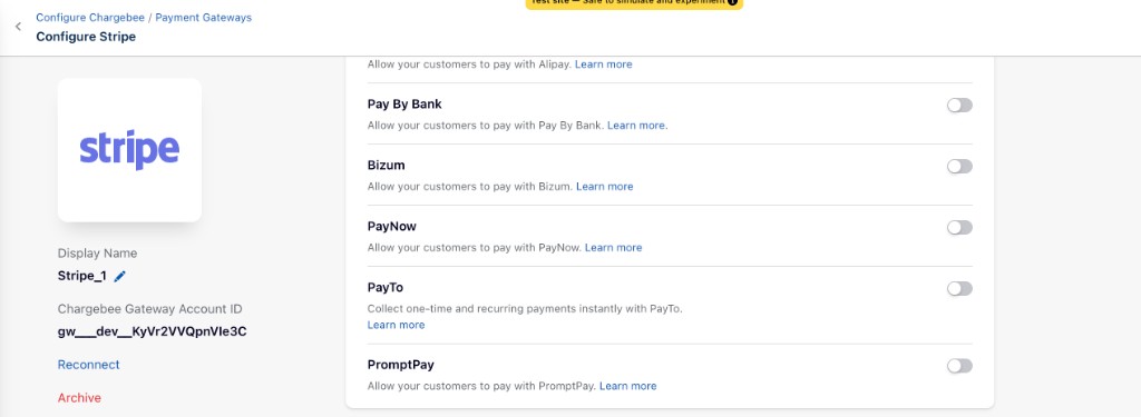 Configure Stripe page with the PromptPay payment method enabled