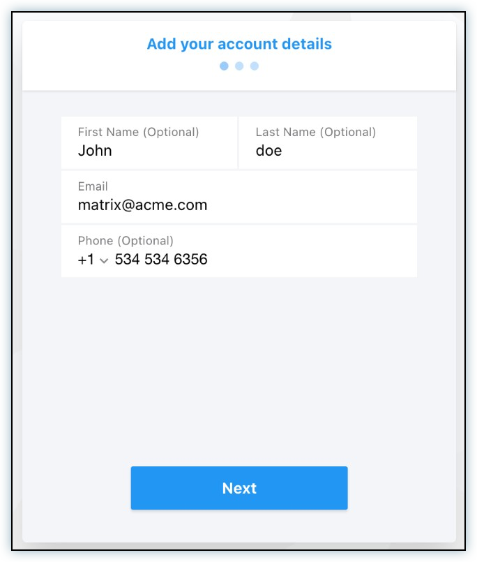 Add your account details page with name and phone fields for UPI