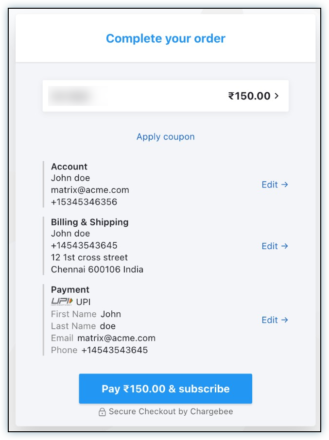 Complete your order page with UPI selected as payment method and Pay and Subscribe button