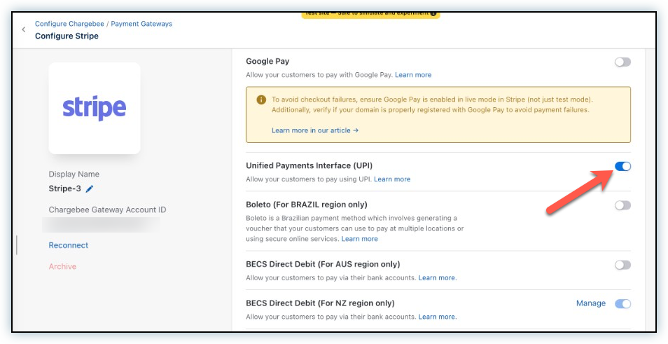 Configure Stripe page with the UPI payment method enabled