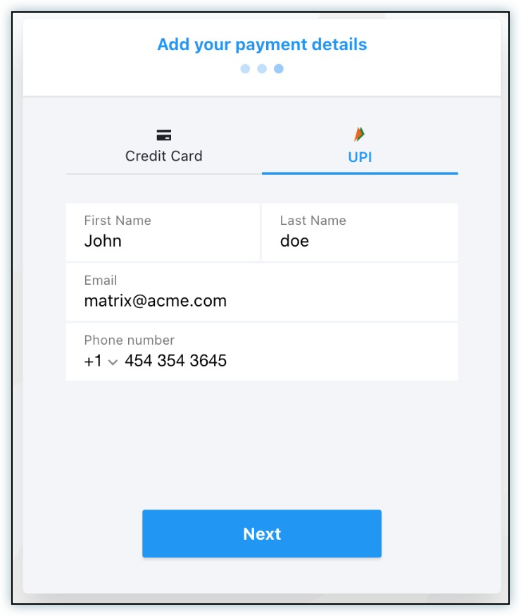 Add your payment details page with UPI selected as the payment method