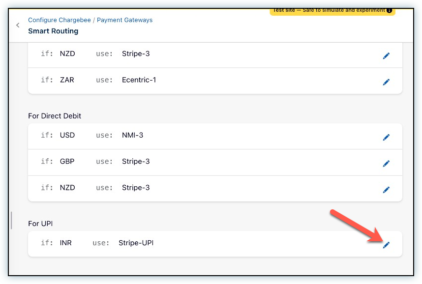Smart Routing page showing INR routing to Stripe for UPI