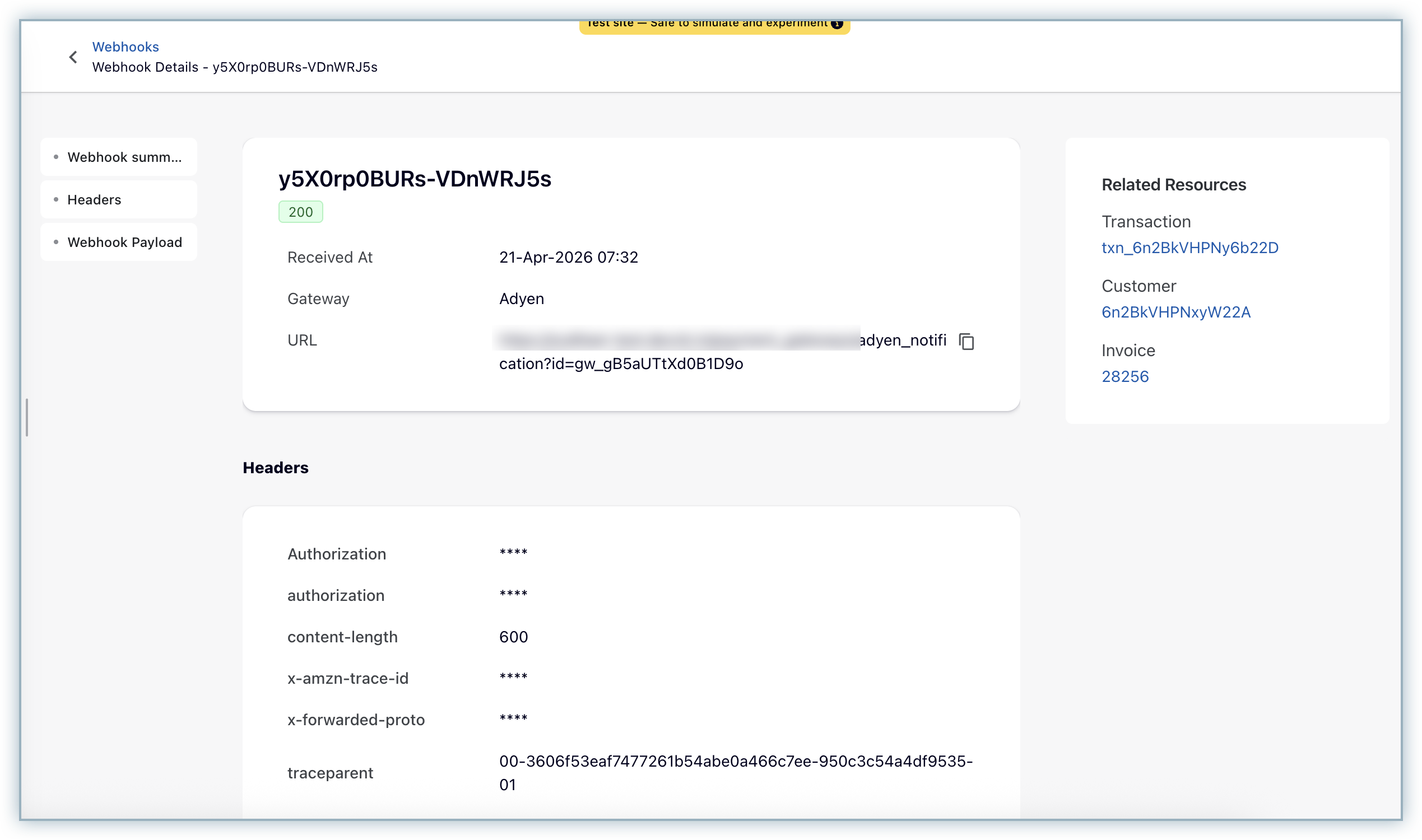 Webhook log details page