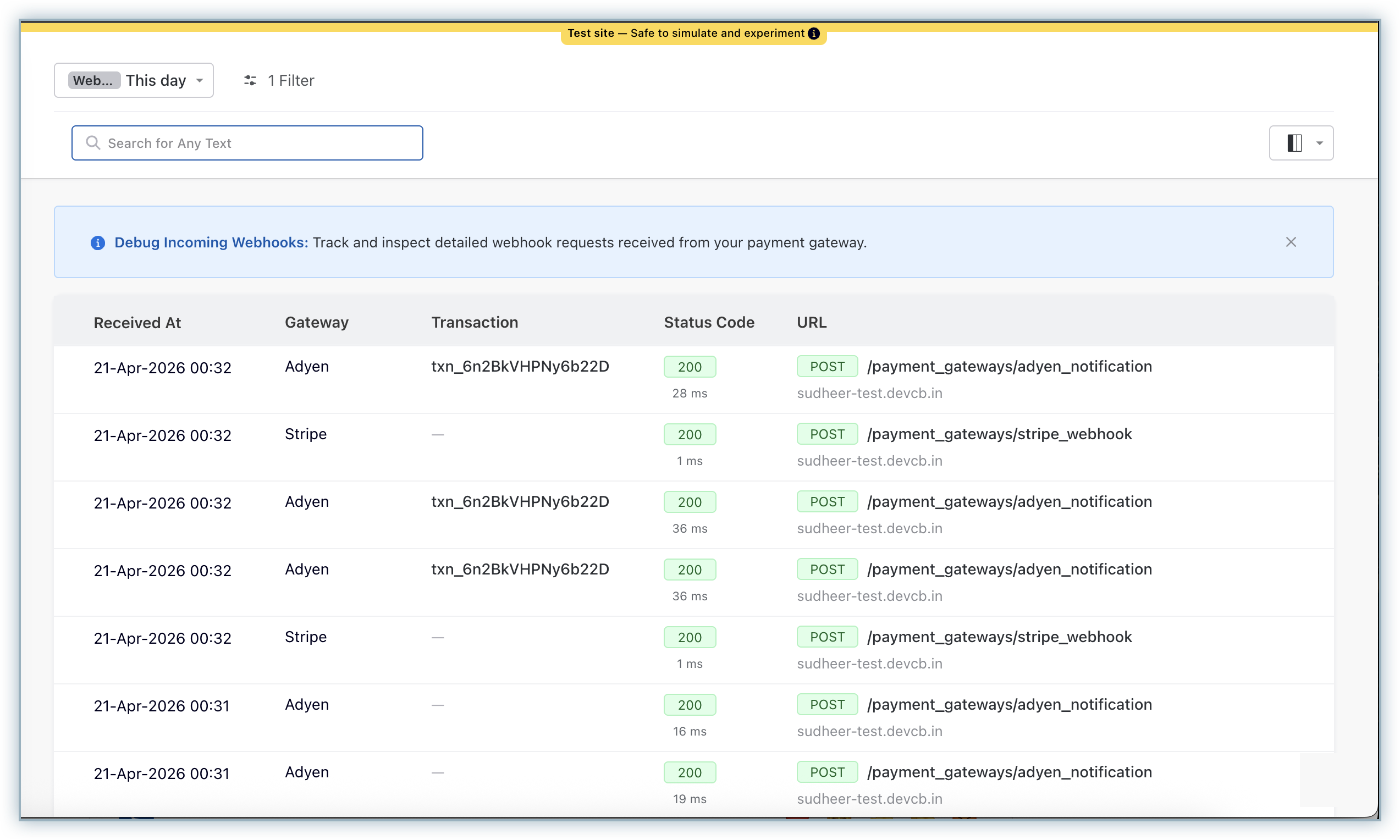 Webhook logs index page