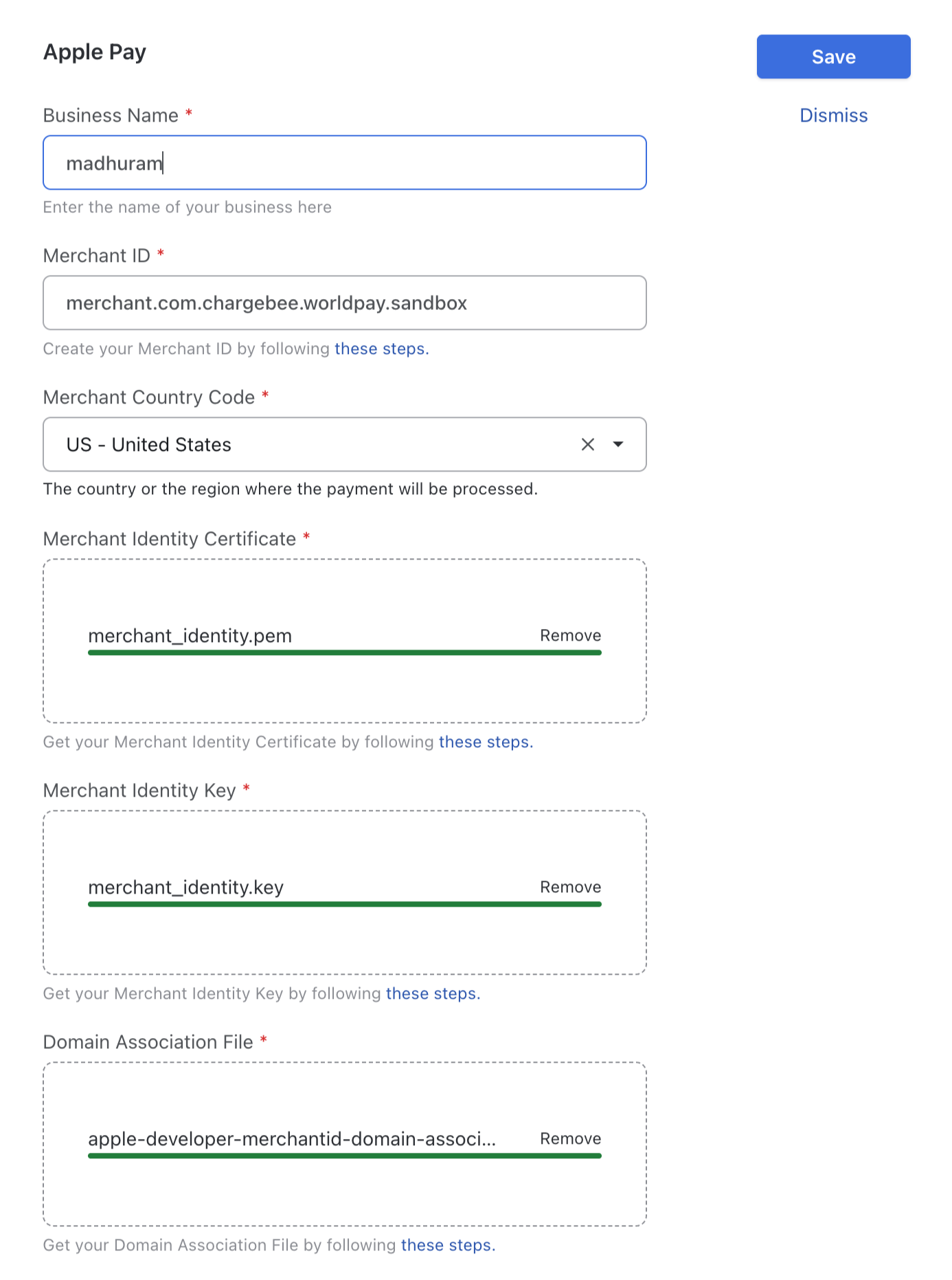 Apple Pay configuration form for WorldPay Direct