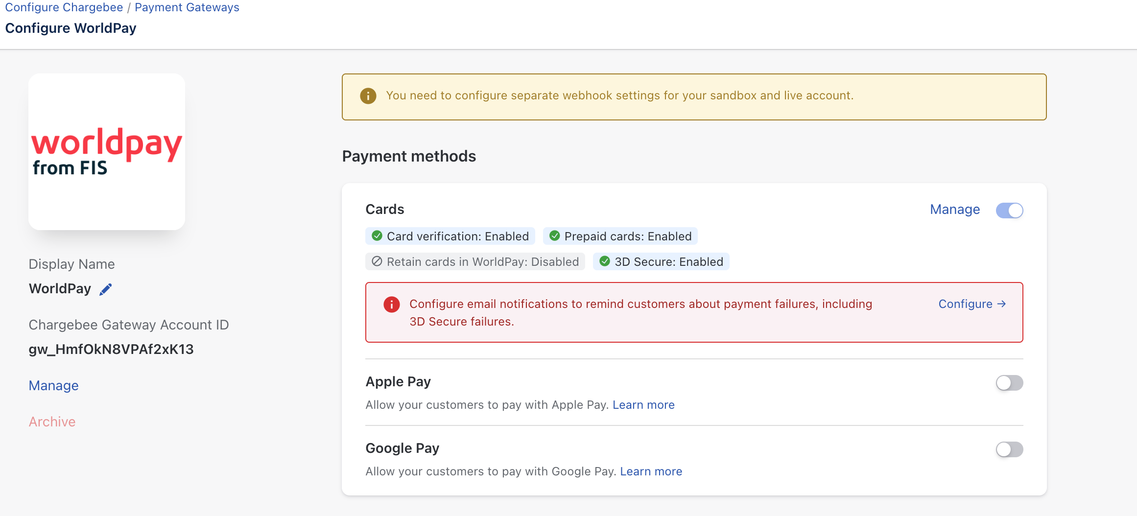 Enable Google Pay toggle on the Configure WorldPay payment methods page