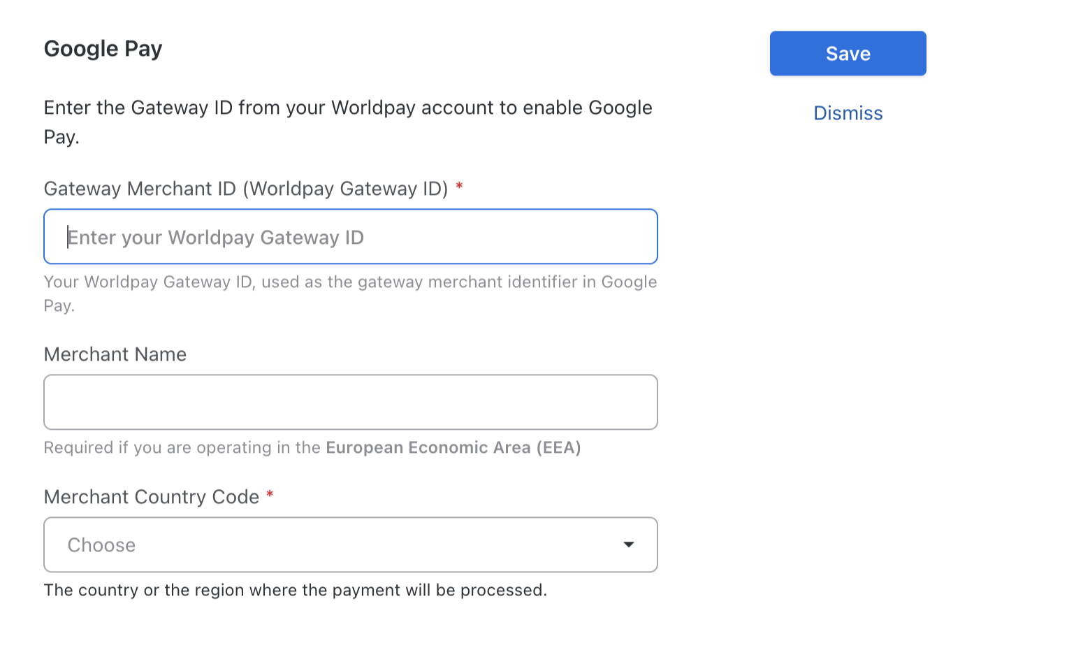 Google Pay configuration form for WorldPay Direct