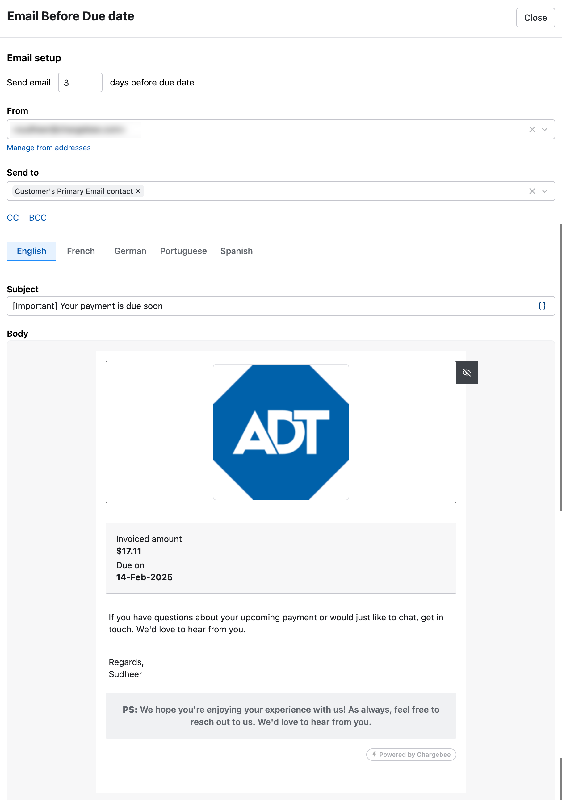 Email editor for a reminder step, including From, Send to, subject, body, and Advanced Settings